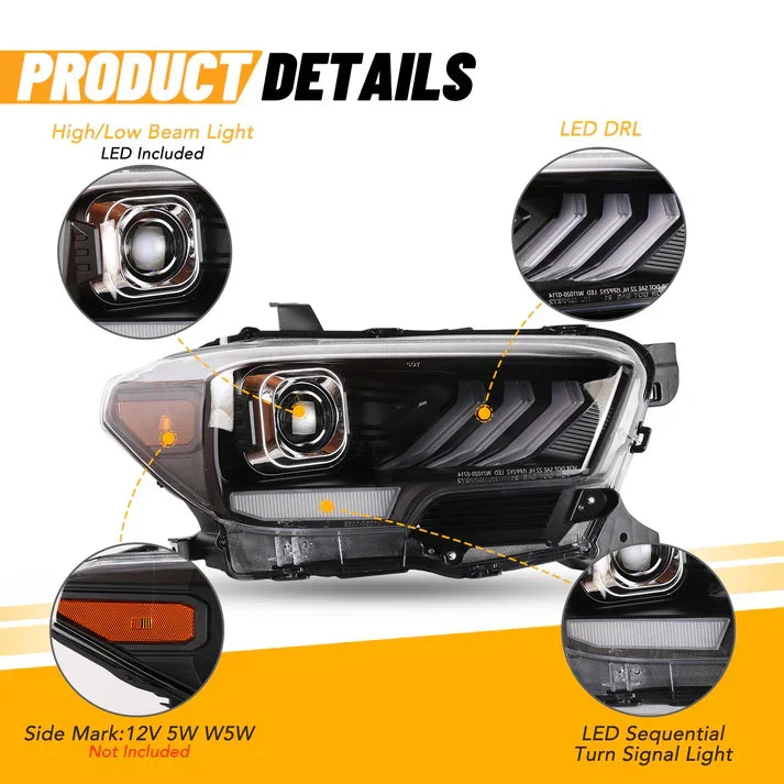Winjet 2016-2019 Toyota Tacoma/2020-2023 Tacoma SR SR5 TRD Sport DRL Head Lights - Glossy Black/Clear