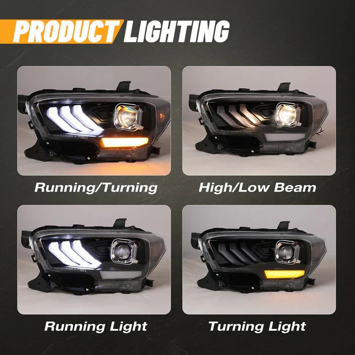 Winjet 2016-2019 Toyota Tacoma/2020-2023 Tacoma SR SR5 TRD Sport DRL Head Lights - Glossy Black/Clear