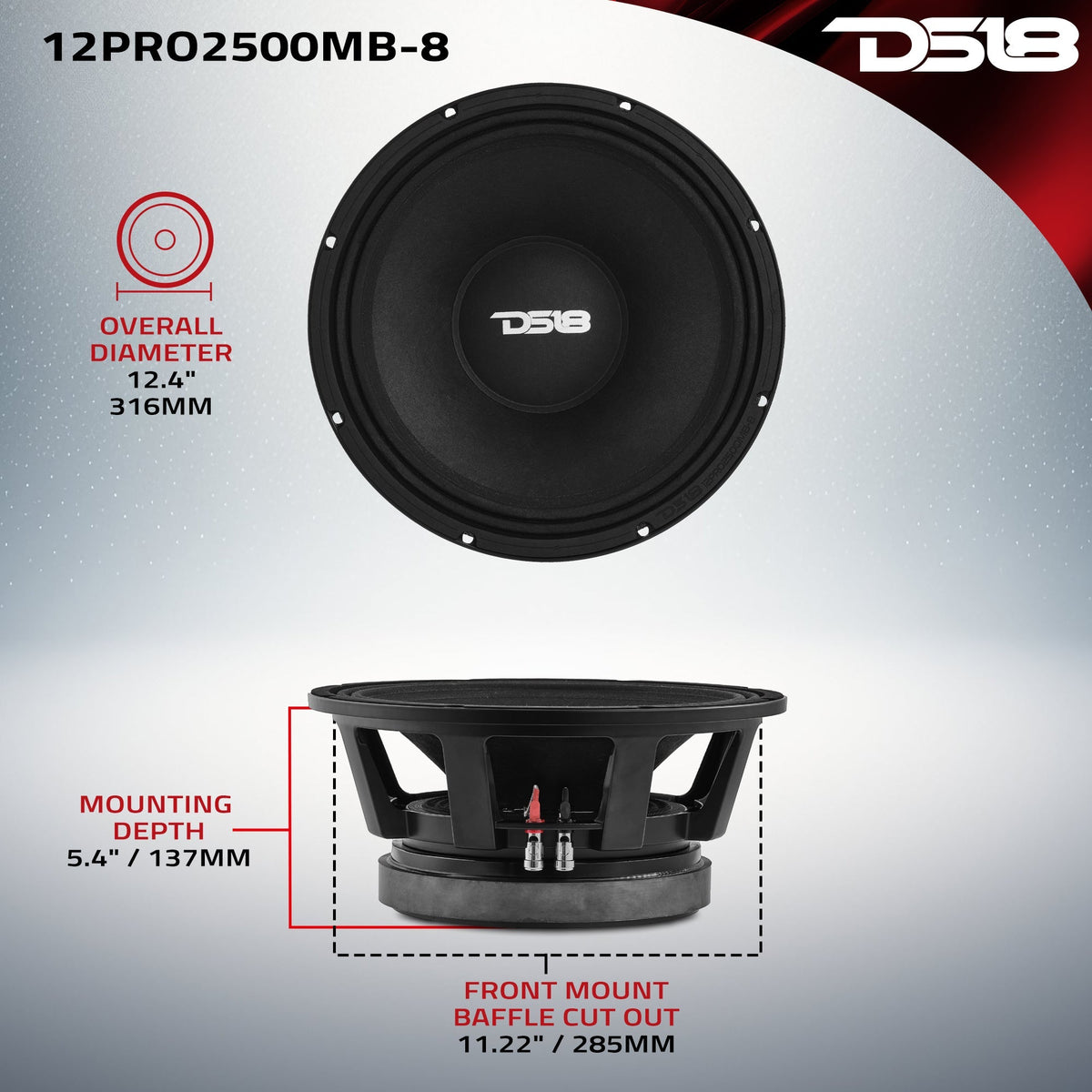 DS18 PRO 12" Mid-Bass Loudspeaker 1250 Watts Rms 8-Ohm