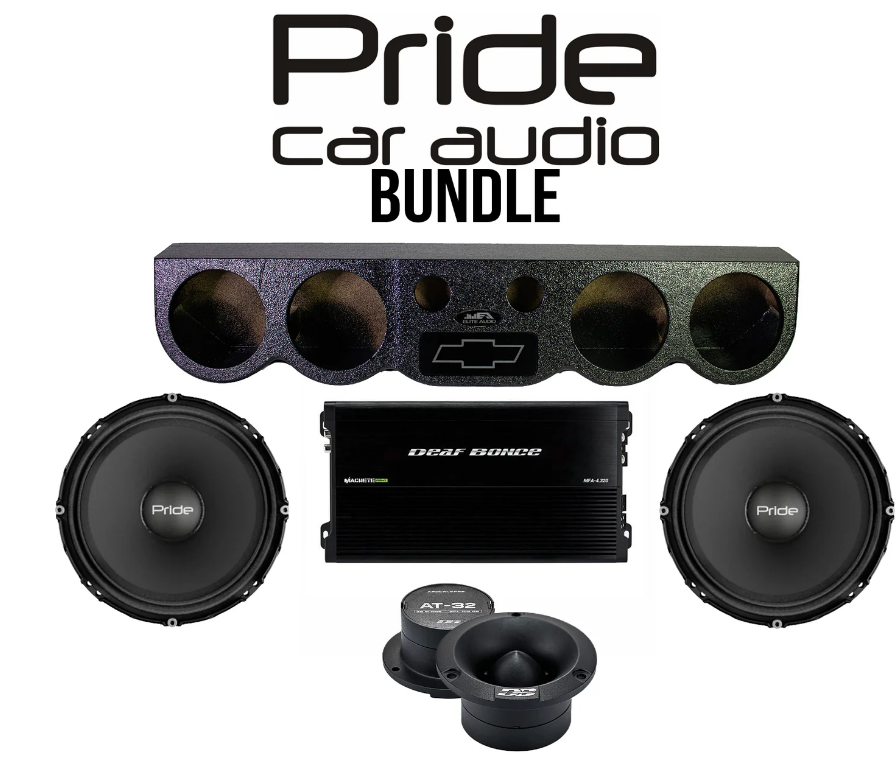 Pride Car Audio Bundle – 38" Universal Sound Bar Pod + (2) Solo 300 6.5" 300W Midrange Speakers + AT-32 Tweeters + Machete Fight MFA-4.320 4-Channel Amp