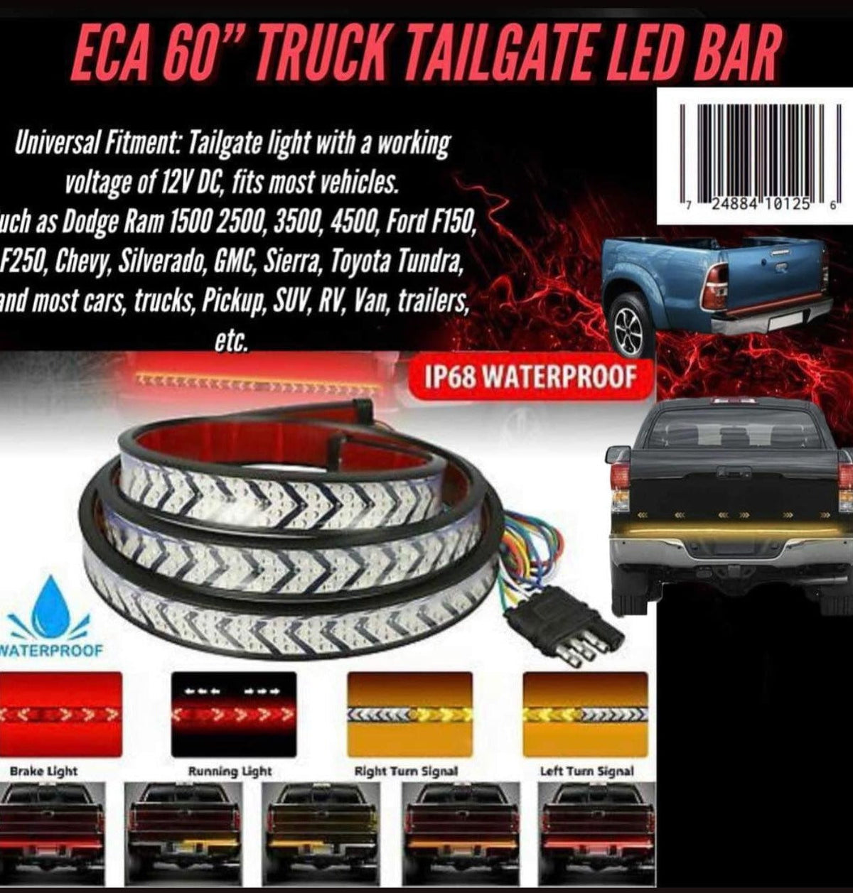 ECA Tailgate LED Bar 60" inch Sequential parking, Brake, turning signal Lights. Universal Fitment: Ram 1500, F150, F250, Silverado, Sierra, Tundra and cars, trucks, Pickup, SUV, RV, Van, trailer