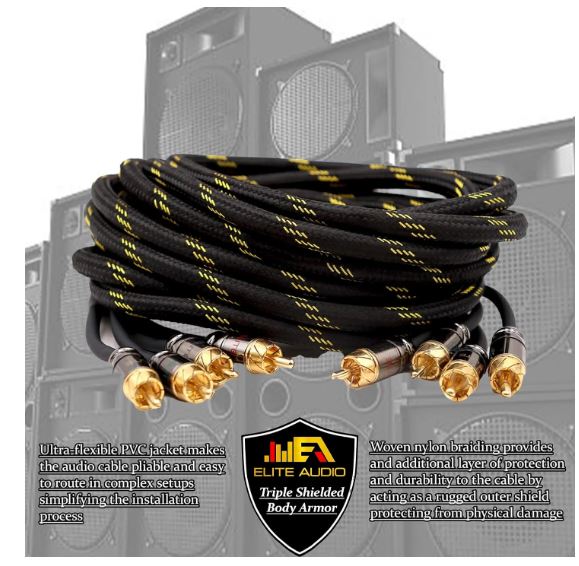 Elite Audio 12ft RCA Cable – Oxygen-Free Copper, Triple Shielded for Superior Signal
