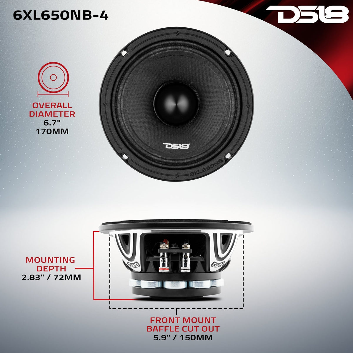 DS18 6XL650NB-4 6.5" 325W RMS Midrange Speaker 4-Ohm (Single)