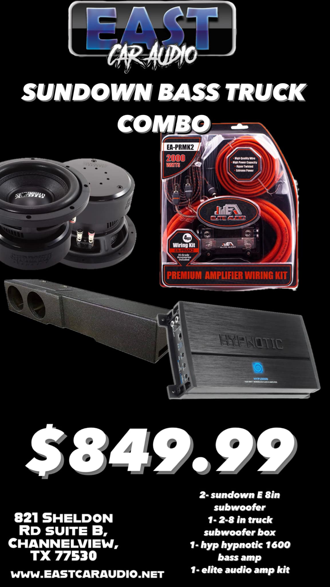 SUNDOWN ESEIRES 8'' Bass combo for Pickup Truck 09-23 F-150, 16-23 F-250, 09-23 Ram, 99-23 Silverado Sierra