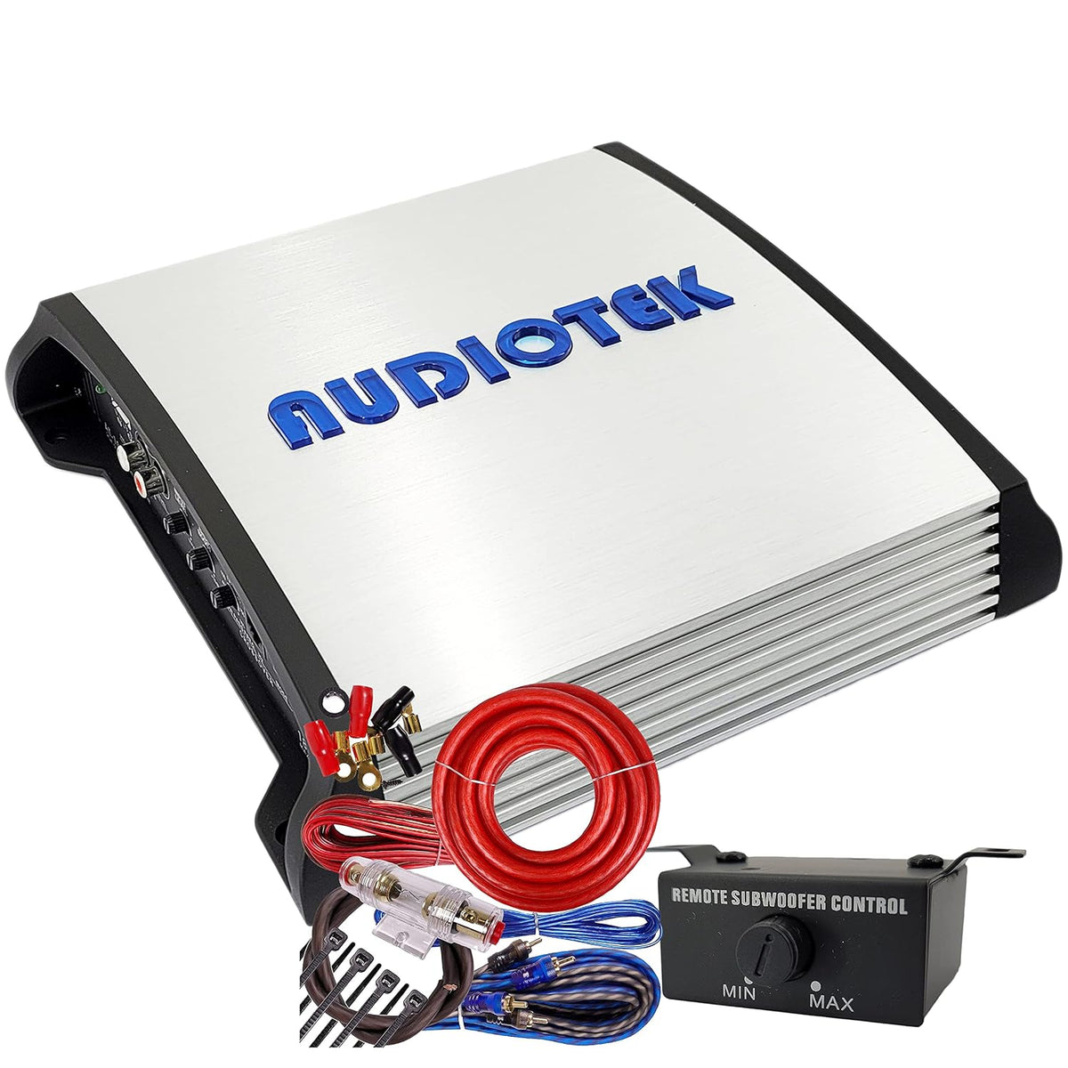 AUDIOTEK AT1800S 2-Channel Class AB Car Amplifier, 1800 Watts, 2 Ohm Stable, Bridgeable Full-Range Stereo, Bass Knob, LED Ind