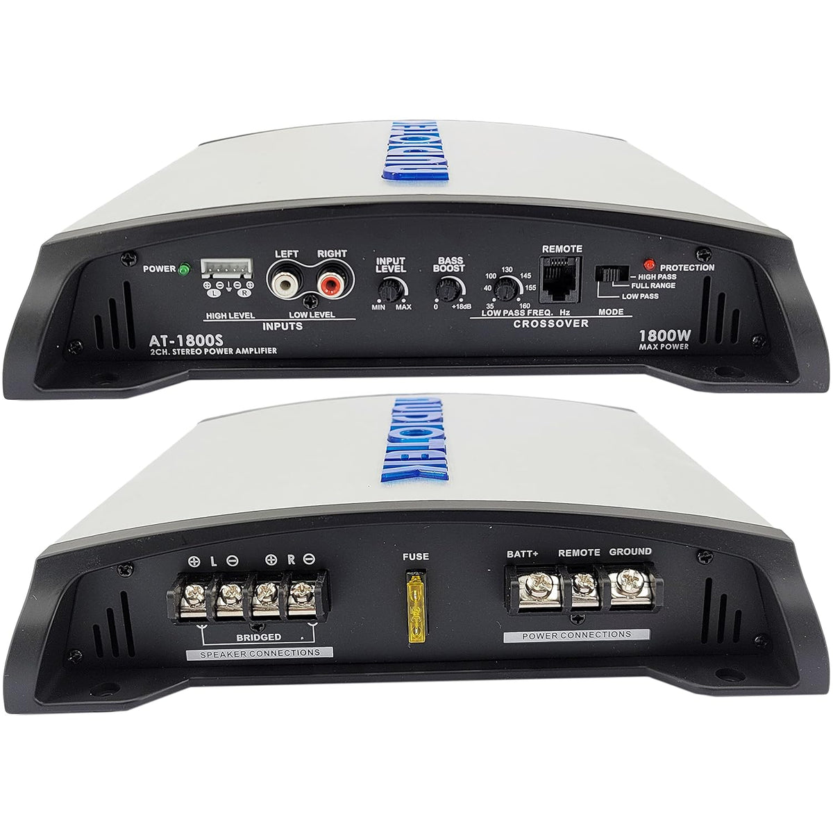 AUDIOTEK AT1800S 2-Channel Class AB Car Amplifier, 1800 Watts, 2 Ohm Stable, Bridgeable Full-Range Stereo, Bass Knob, LED Ind