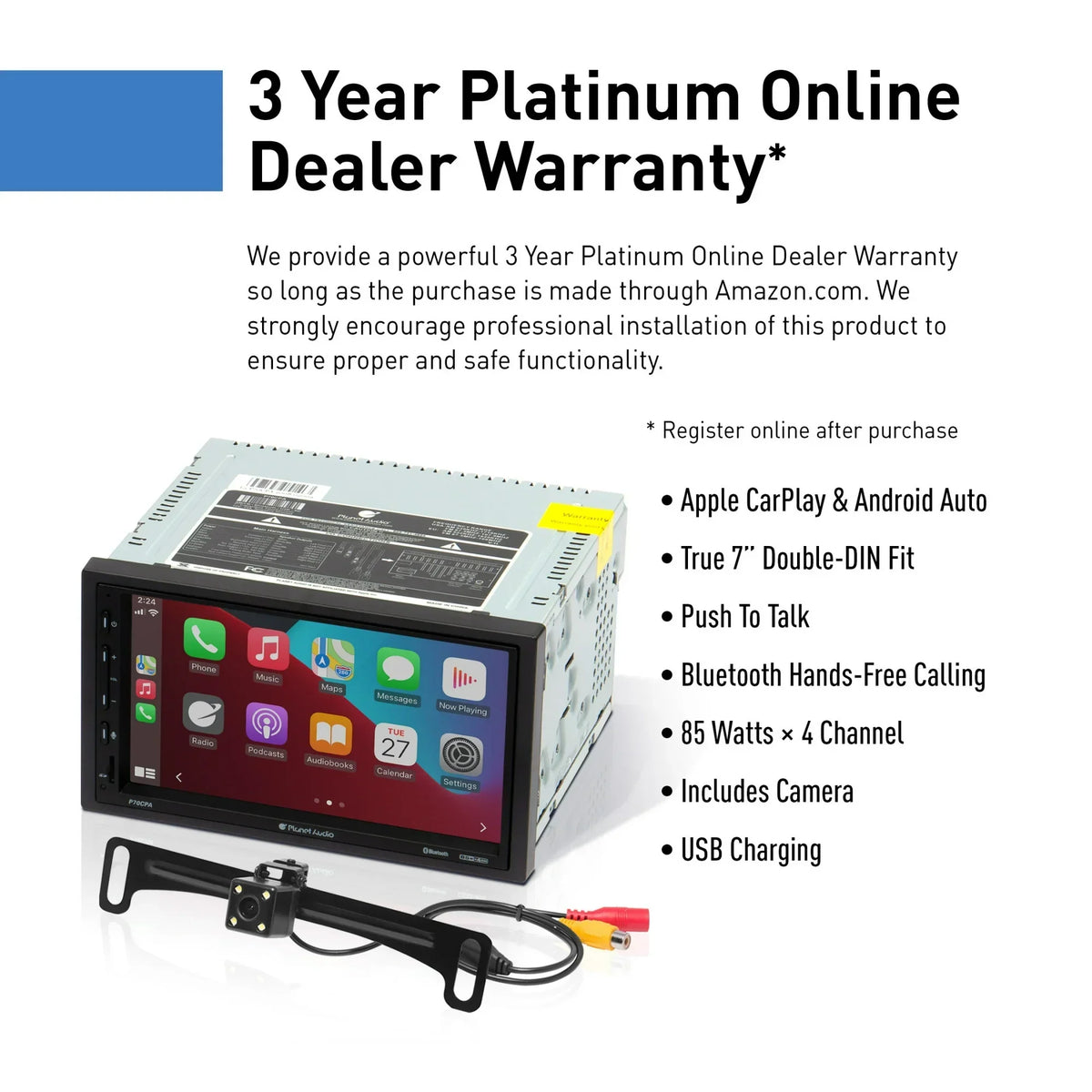 Planet Audio P70CPA-C Car Stereo - Apple CarPlay, Android Auto, Double Din, 7 Inch Touchscreen, Bluetooth, No CD DVD Player,