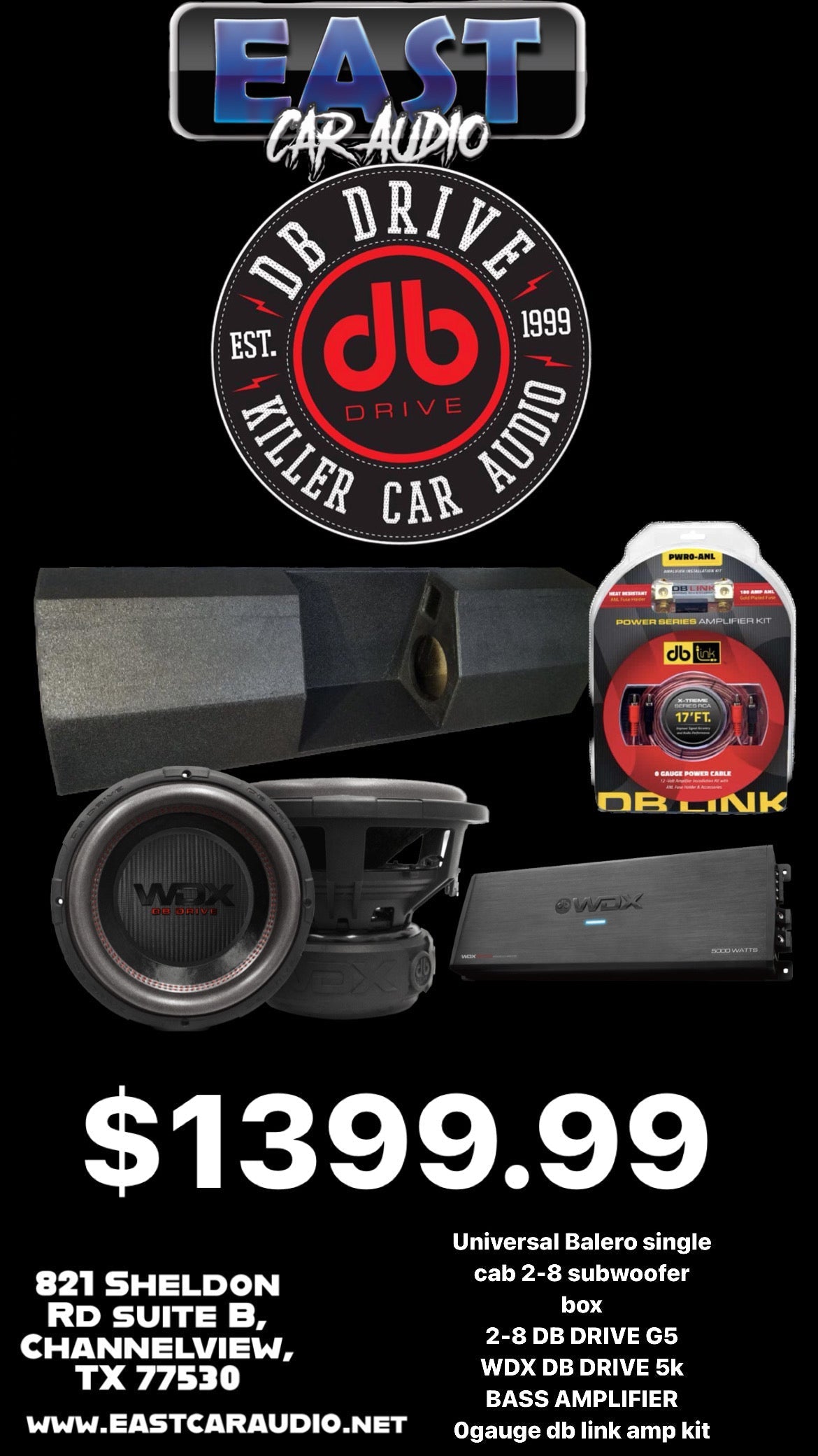 Single Cab Pickup Truck 2 - 8" Ballero Combo to max out Bass in Single Cab Truck. db drive WDX8G5, WDX 5K amplifier, GK0-ANL, Ballero Box