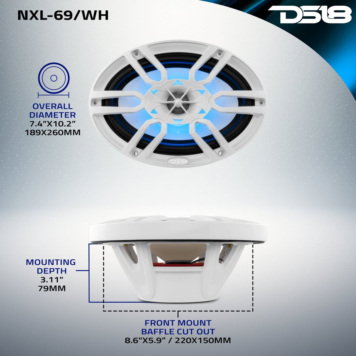 NXL 6x9" 2-Way Coaxial Marine Speaker With LED RGB Lights 125 Watts Rms 4-Ohm -Black