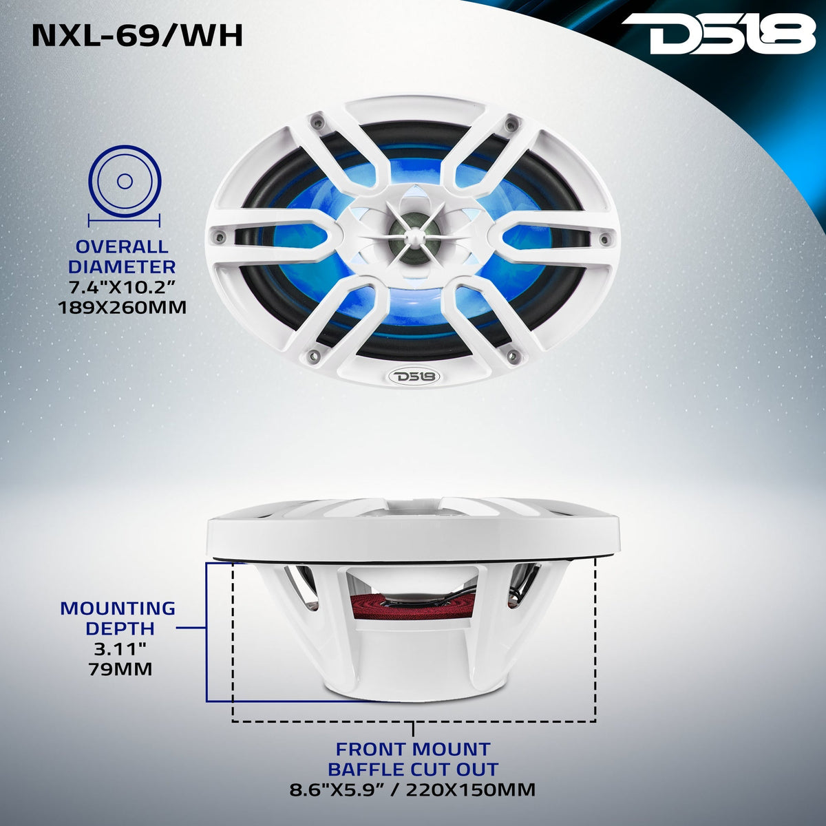 NXL 6x9" 2-Way Coaxial Marine Speaker With LED RGB Lights 125 Watts Rms 4-Ohm -Black