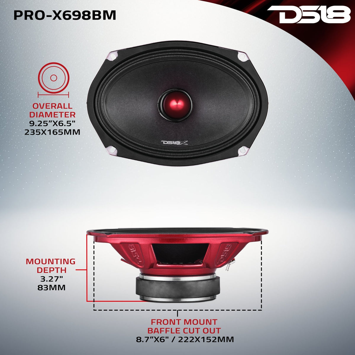 DS18 PRO-X698BM 6"x9" 200W RMS Midrange Speaker 8-Ohm (Single)