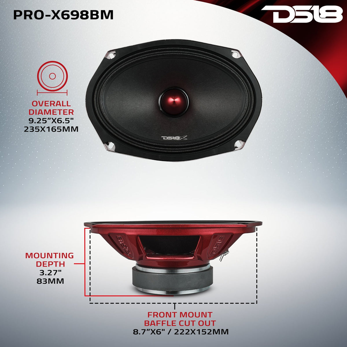 DS18 PRO-X698BM 6"x9" 200W RMS Midrange Speaker 8-Ohm (Single)