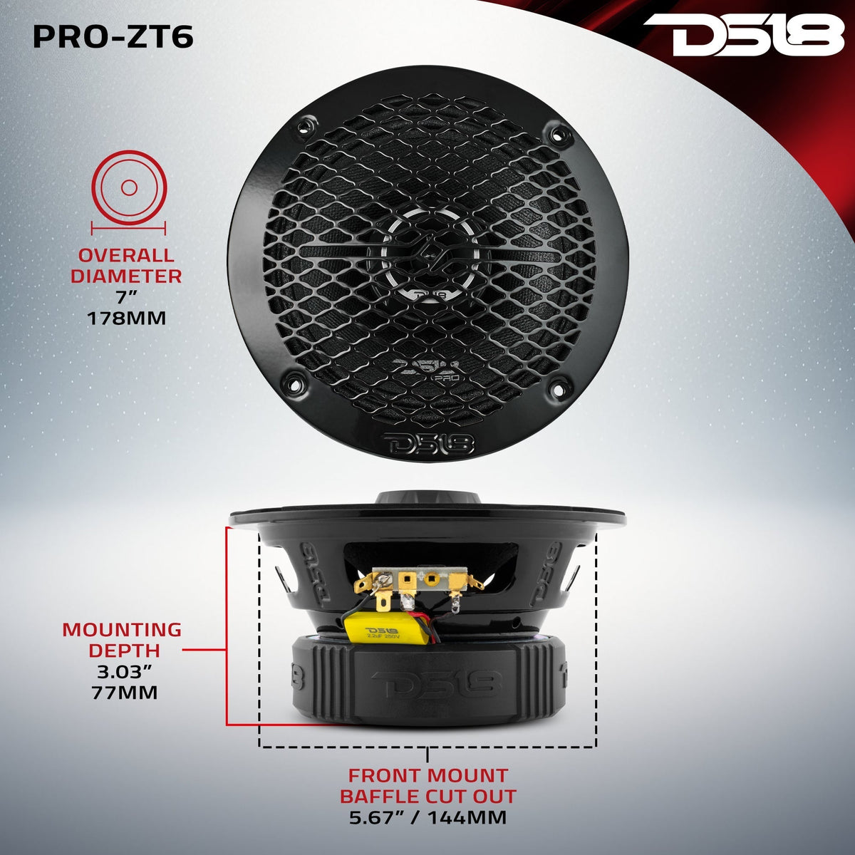 DS18 PRO-ZT6 6.5" 225W RMS Midrange Speaker w/ Built-in Bullet Tweeter 4-Ohm (Single)