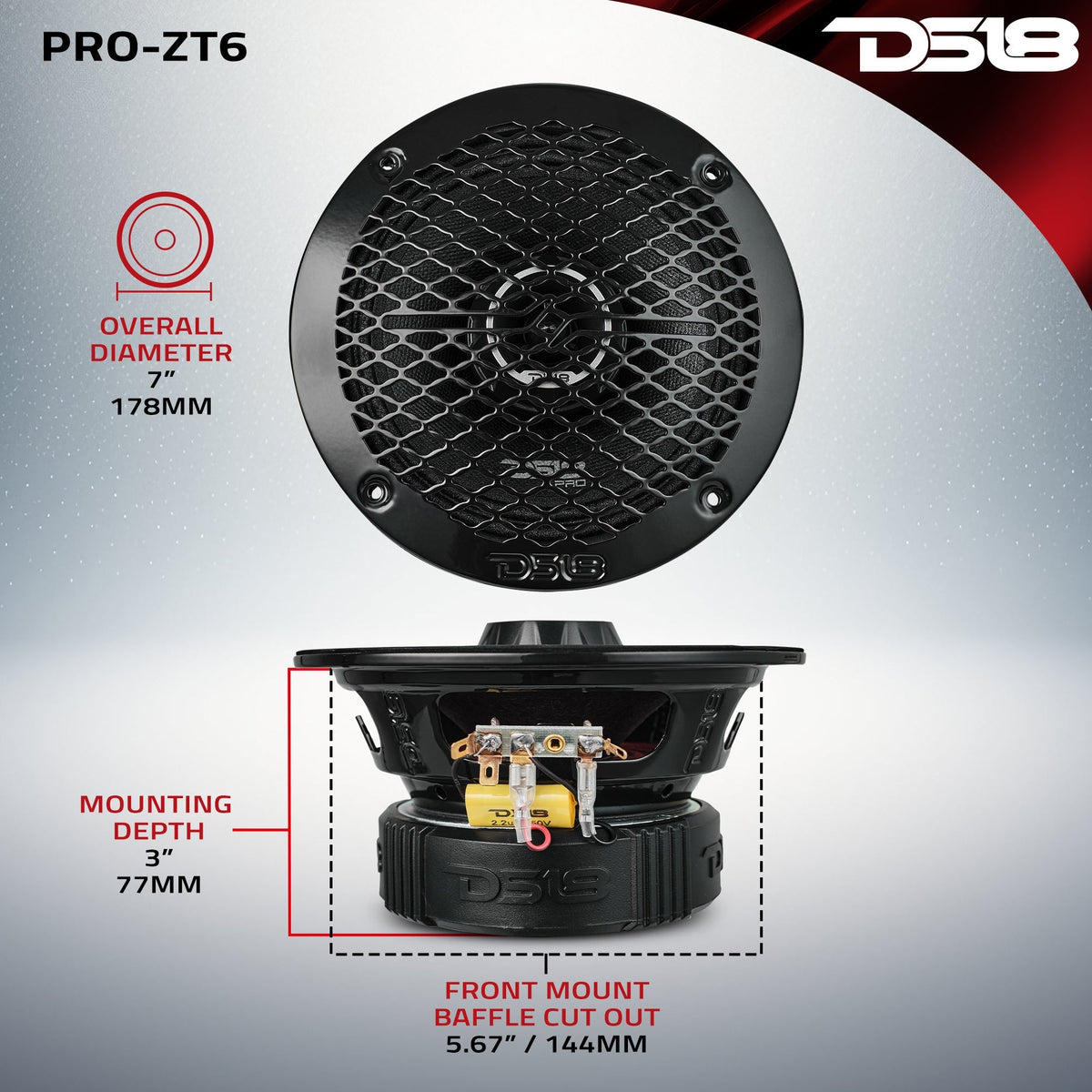 DS18 PRO-ZT6 6.5" 225W RMS Midrange Speaker w/ Built-in Bullet Tweeter 4-Ohm (Single)