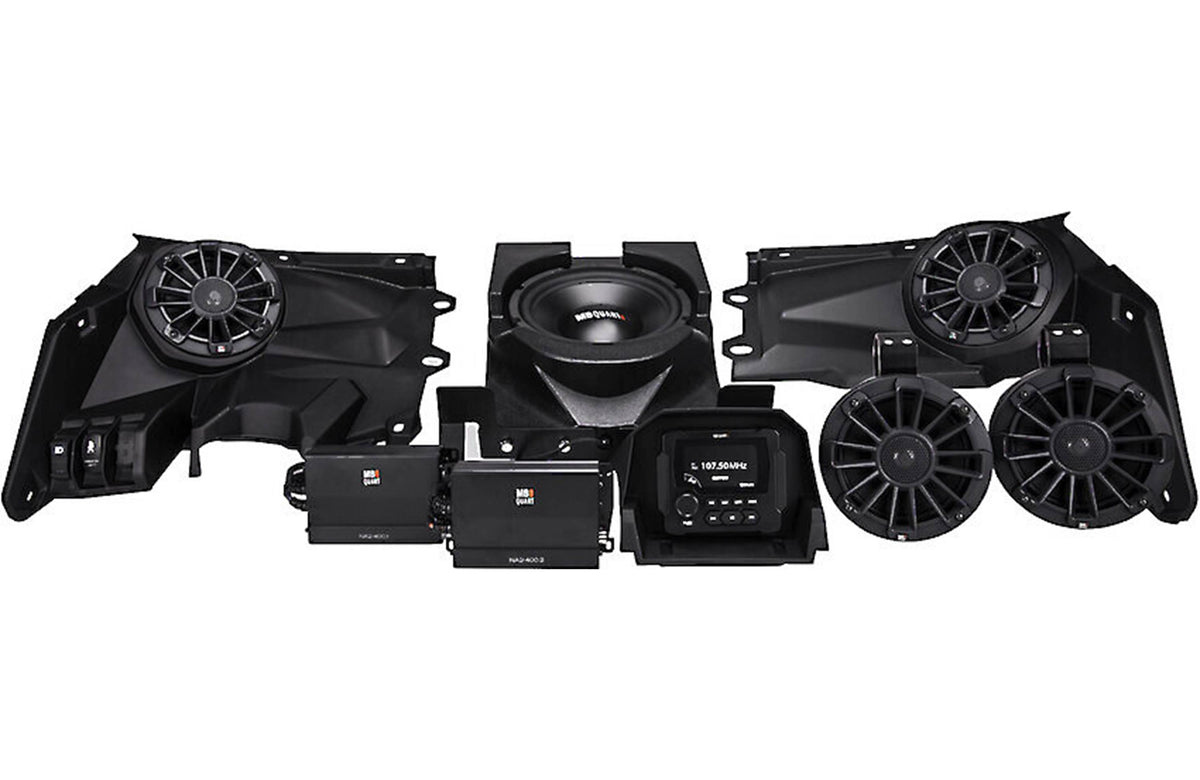 MB Quart MBQX-STG5-1 Stage 5 audio system with receiver, four 6-1/2" speakers, 4-channel amp, 10" subwoofer, and mono amp — fits select 2017-up Can-Am Maverick X3s