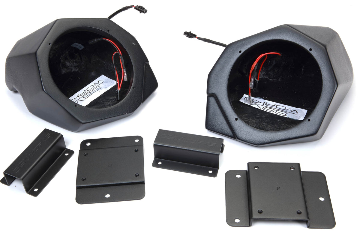 SSV Works 170-X3-F65U Custom-fit unloaded front 6-1/2" speaker pods — designed to fit the upper footwells in Can-Am Maverick