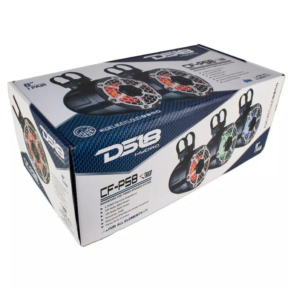 DS18 CF-PS8 750 Watts Max Power 8" RGB LED Mini Carbon Fiber Marine Speaker Pods