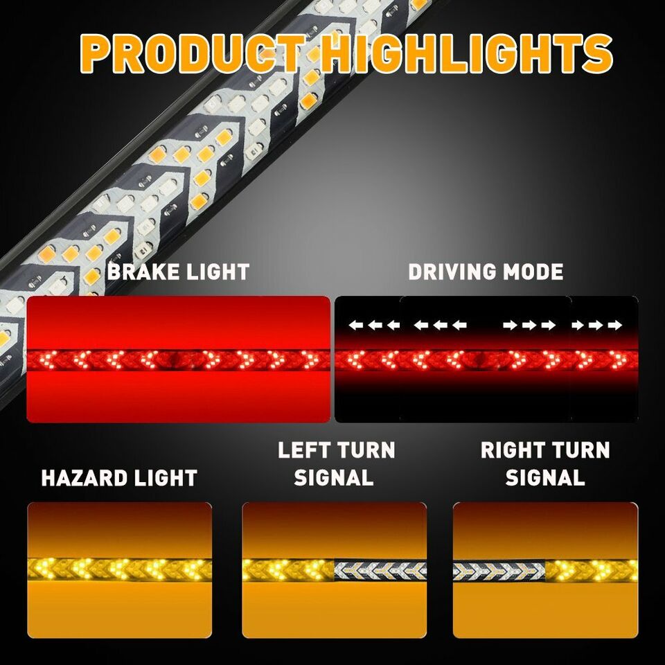 ECA Tailgate LED Bar 60" inch Sequential parking, Brake, turning signal Lights. Universal Fitment: Ram 1500, F150, F250, Silverado, Sierra, Tundra and cars, trucks, Pickup, SUV, RV, Van, trailer