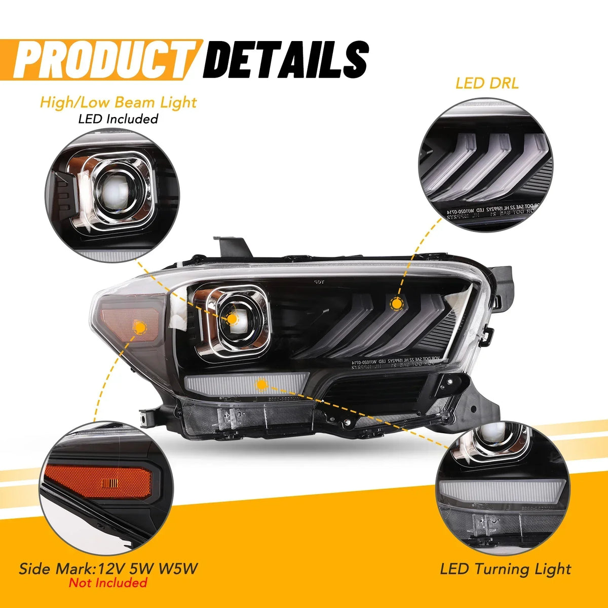 Winjet 2016-2019 Toyota Tacoma/2020-2023 Tacoma SR SR5 TRD Sport DRL Head Lights - Glossy Black/Clear