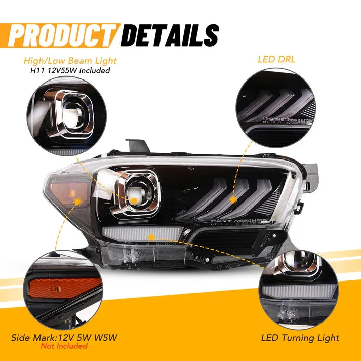 Winjet 2016-2019 Toyota Tacoma/2020-2023 Tacoma SR SR5 TRD Sport DRL Head Lights - Glossy Black/Clear