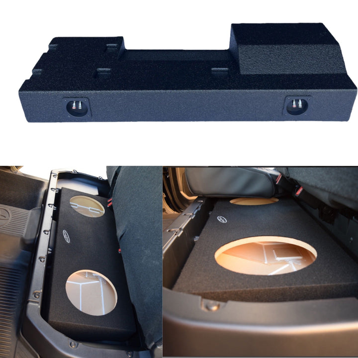 TOYOTA TUNDRA 2022 - 2025 UNDER THE SEAT UP FIRE 2X10" Rhino Lined Bedliner Sub-Woofer Box. Toyota Tundra Crew-Max (non-hybrid)