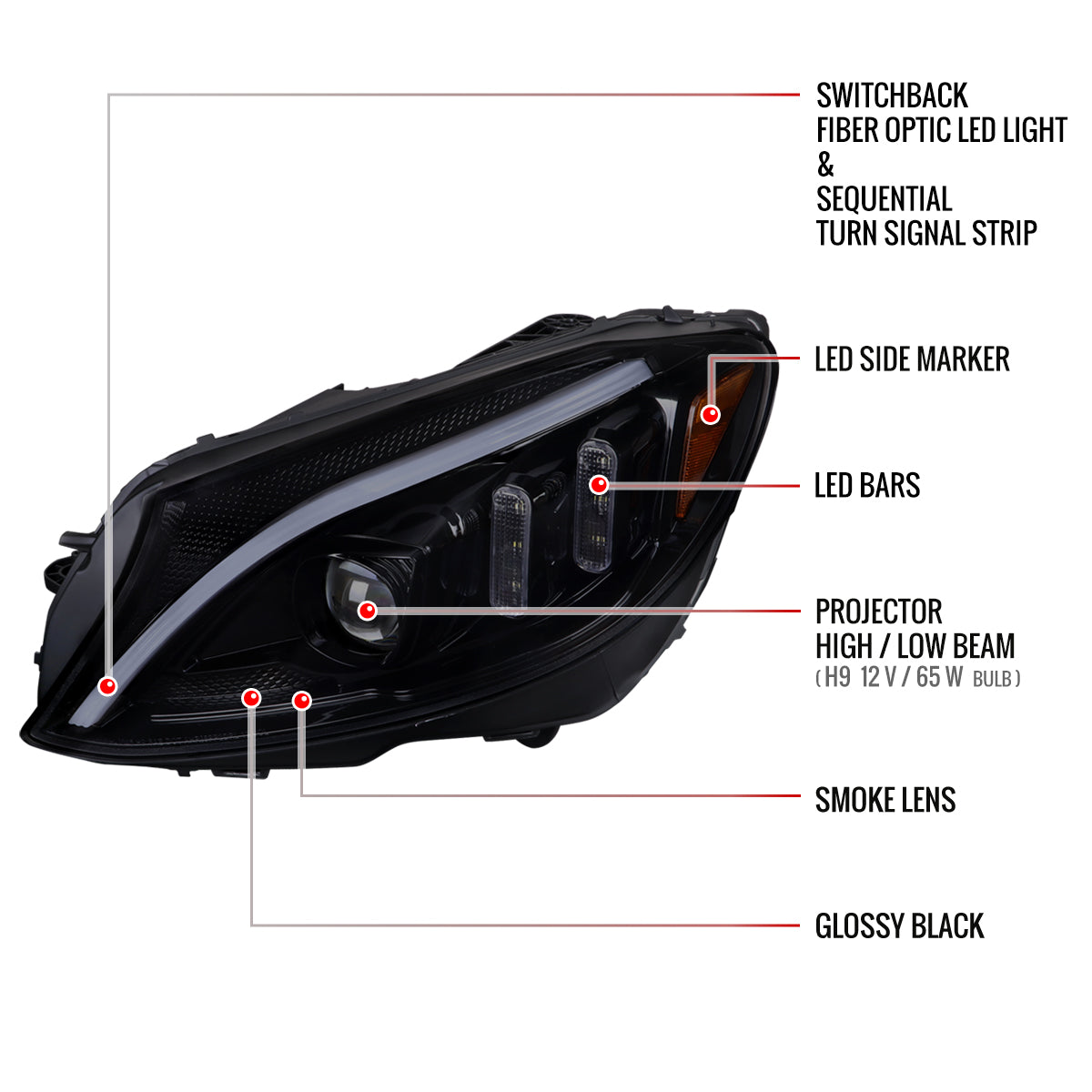 Spec-D 15-18 Mercedes C-Class W205 Sequential Headlights Black/Smoked