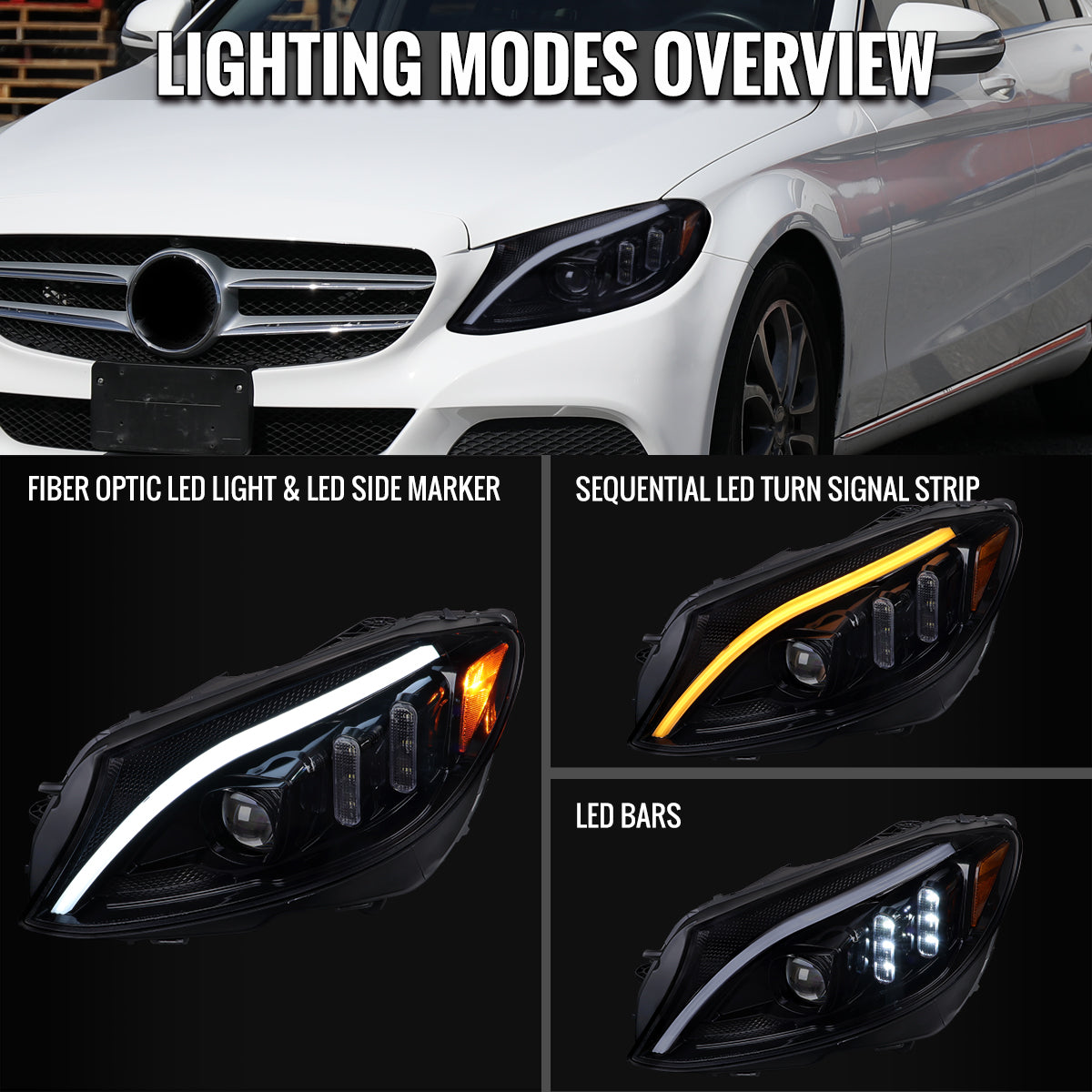 Spec-D 15-18 Mercedes C-Class W205 Sequential Headlights Black/Smoked