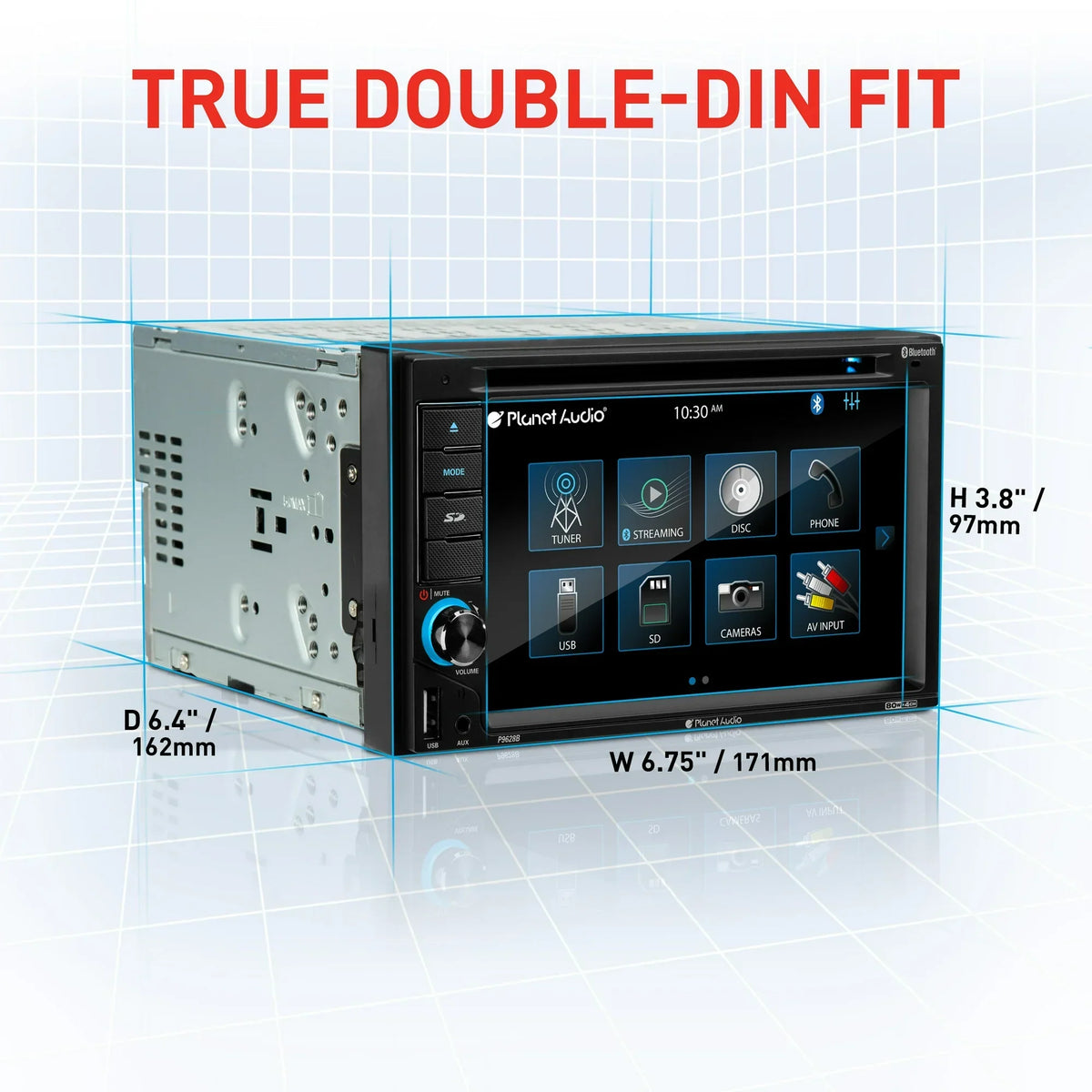Planet Audio P9628B 6.2” Touchscreen Car DVD Player, Bluetooth, DVD USB SD AM/FM