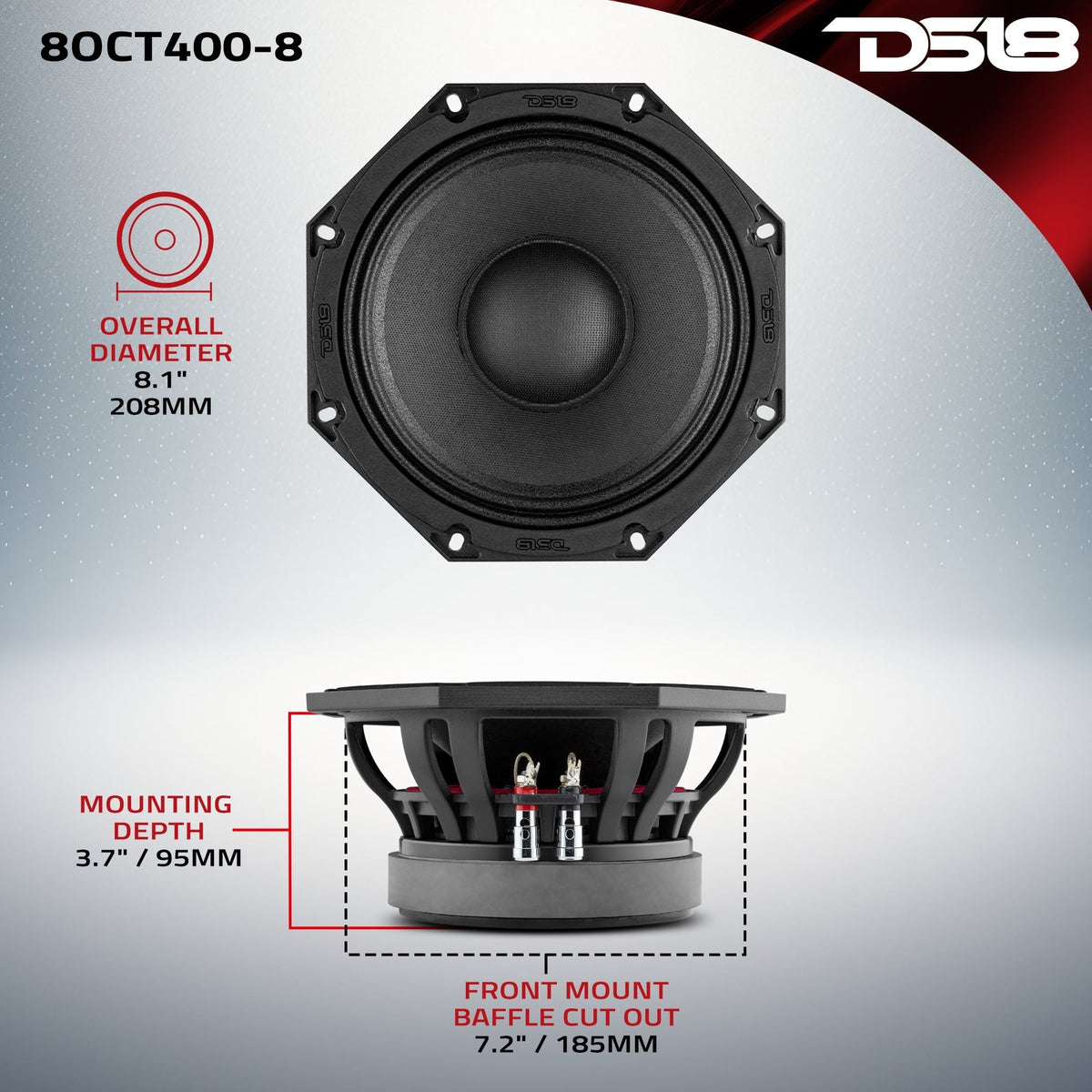 Octagonal 8" Mid-Range Loudspeaker 400 Watts Rms 8-Ohm