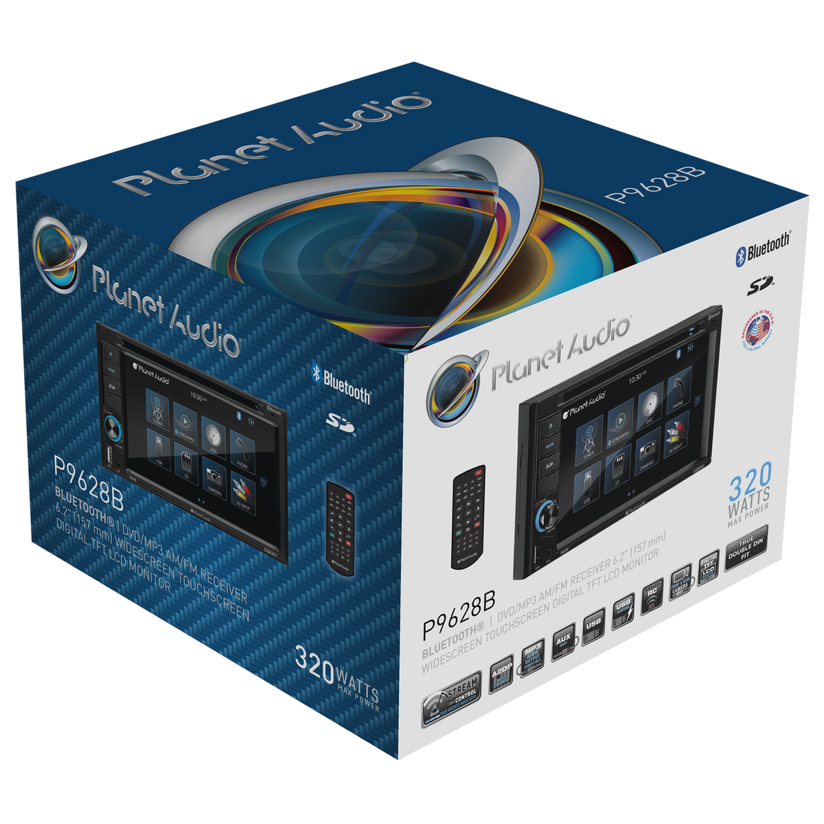 Planet Audio P9628B 6.2” Touchscreen Car DVD Player, Bluetooth, DVD USB SD AM/FM