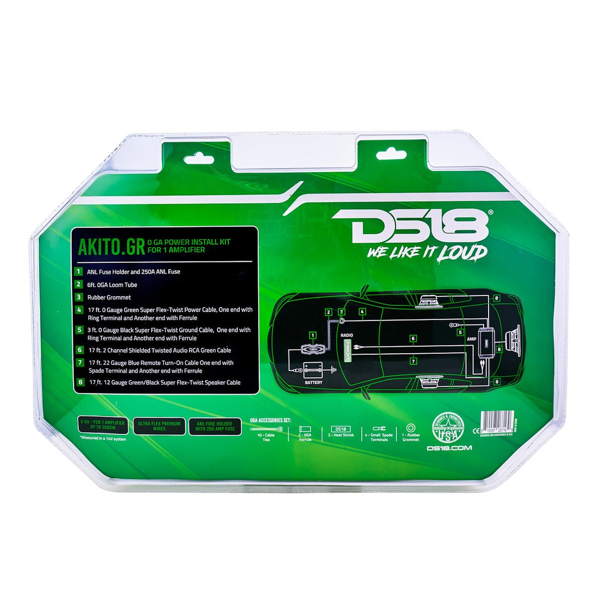 0-GA Amplifier Installation Wiring Kit - Green