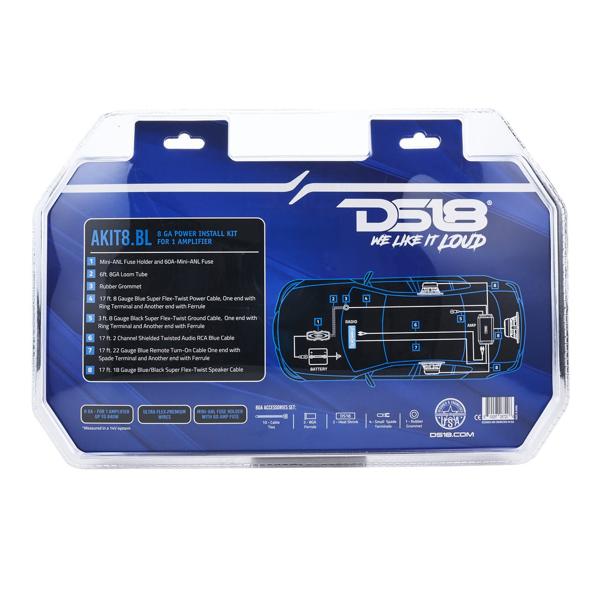 8-GA Amplifier Installation Wiring Kit - Blue