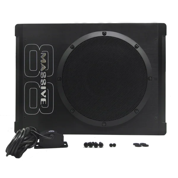 Massive audio BOOM88 - 8" 200 Watts RMS Hideaway Under Seat Powered Subwoofer, Clip LED, Bass Boost, 180º Phase Shift