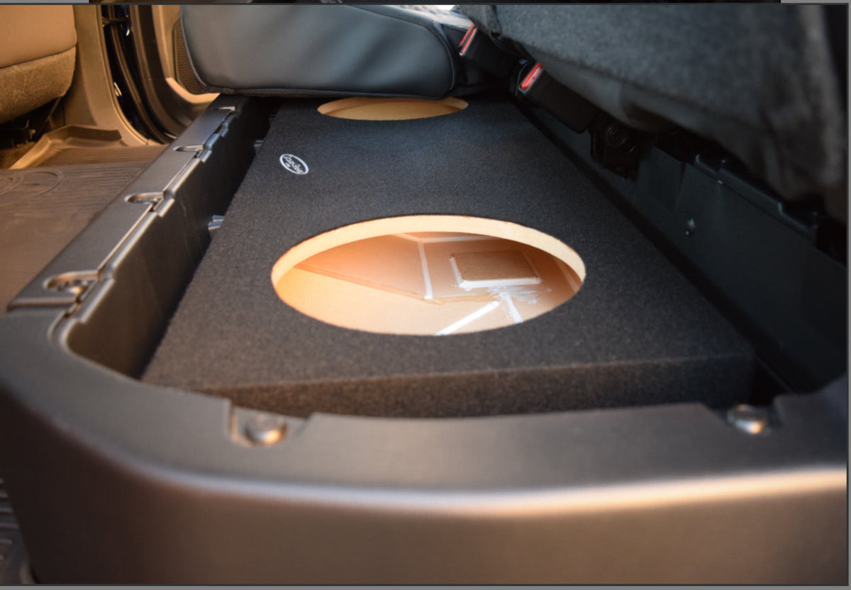 TOYOTA TUNDRA 2022 - 2025 UNDER THE SEAT UP FIRE 2X10" Rhino Lined Bedliner Sub-Woofer Box. Toyota Tundra Crew-Max (non-hybri