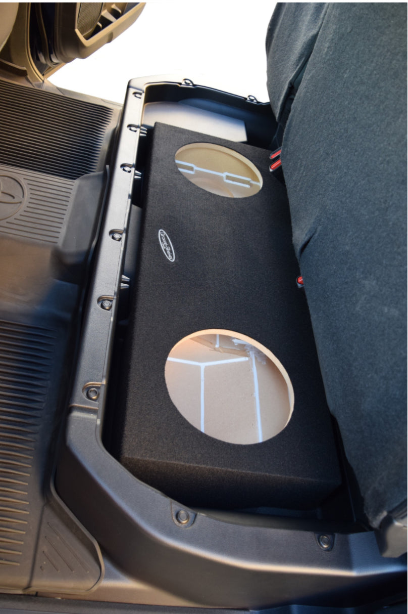 TOYOTA TUNDRA 2022 - 2025 UNDER THE SEAT UP FIRE 2X10" Rhino Lined Bedliner Sub-Woofer Box. Toyota Tundra Crew-Max (non-hybrid)