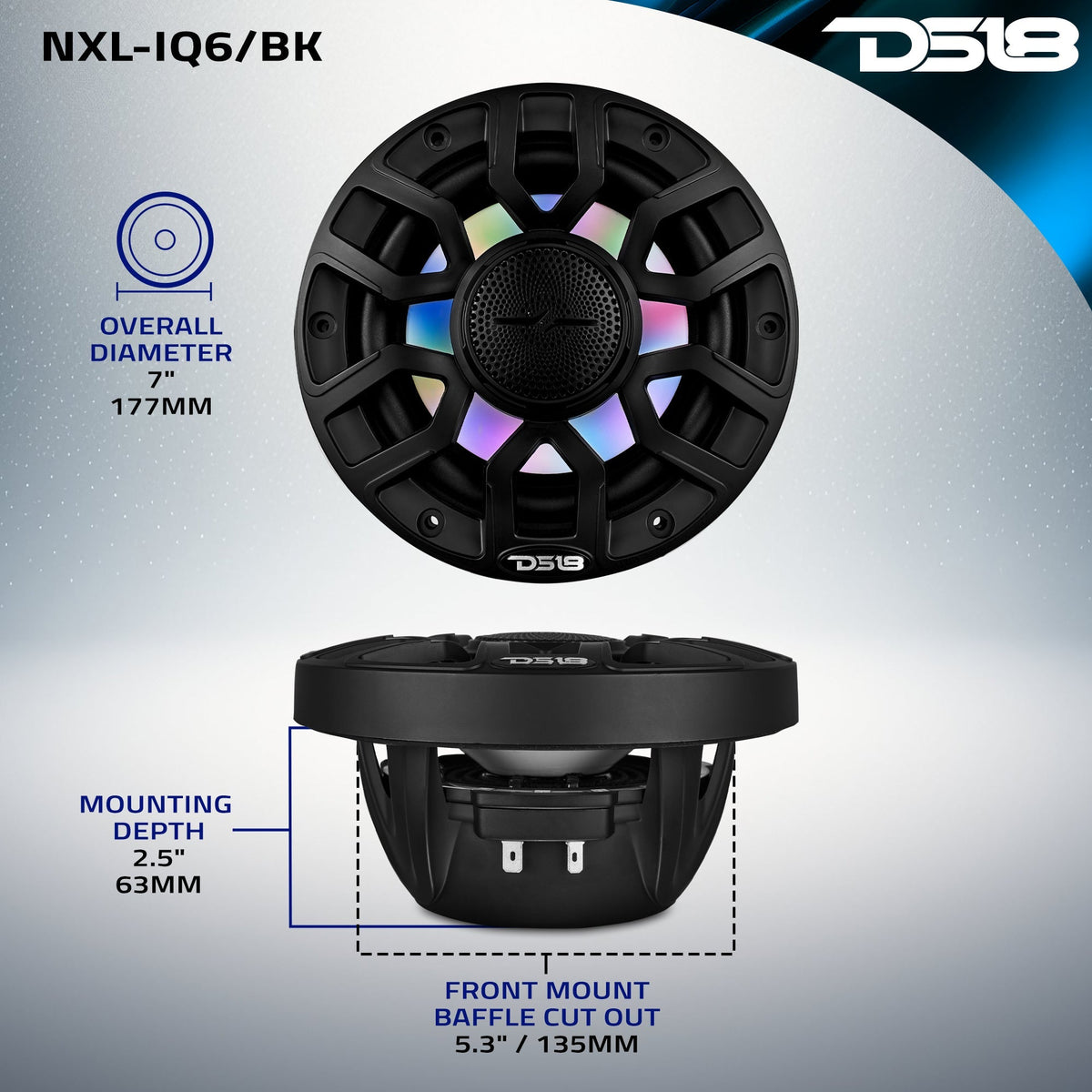 NXL 6.5" 2-Way Coaxial Marine Speaker with Bullet Tweeter and Digital Led Lights | 150W RMS 4-Ohm