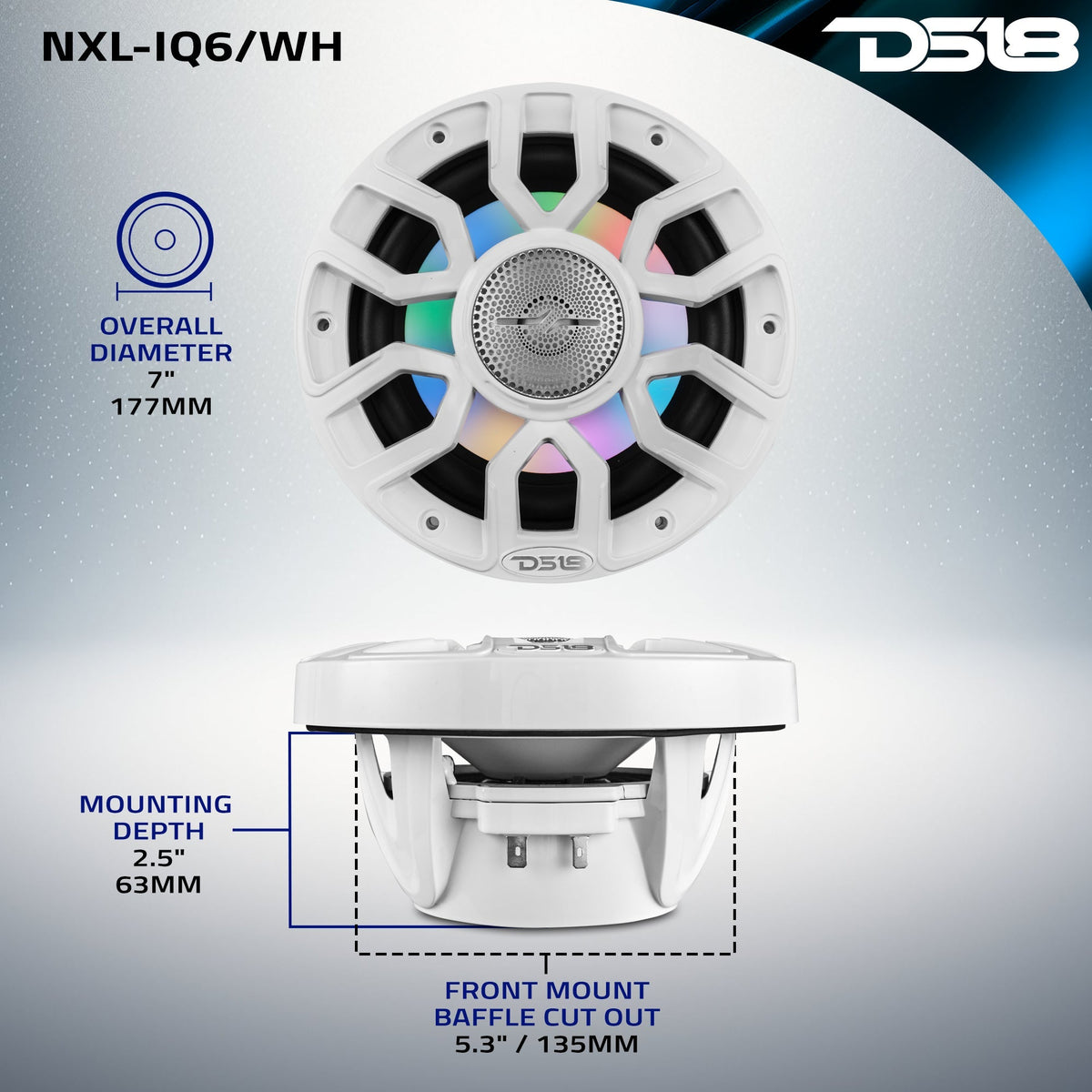 NXL 6.5" 2-Way Coaxial Marine Speaker with Bullet Tweeter and Digital Led Lights | 150W RMS 4-Ohm