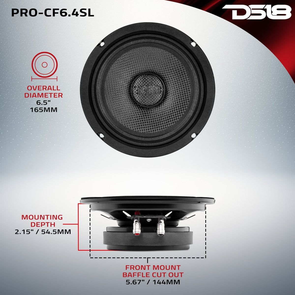 PRO 6.5" Shallow Carbon Fiber Water resistant Cone Mid-Bass Loudspeaker 250 Watts Rms 4-Ohm
