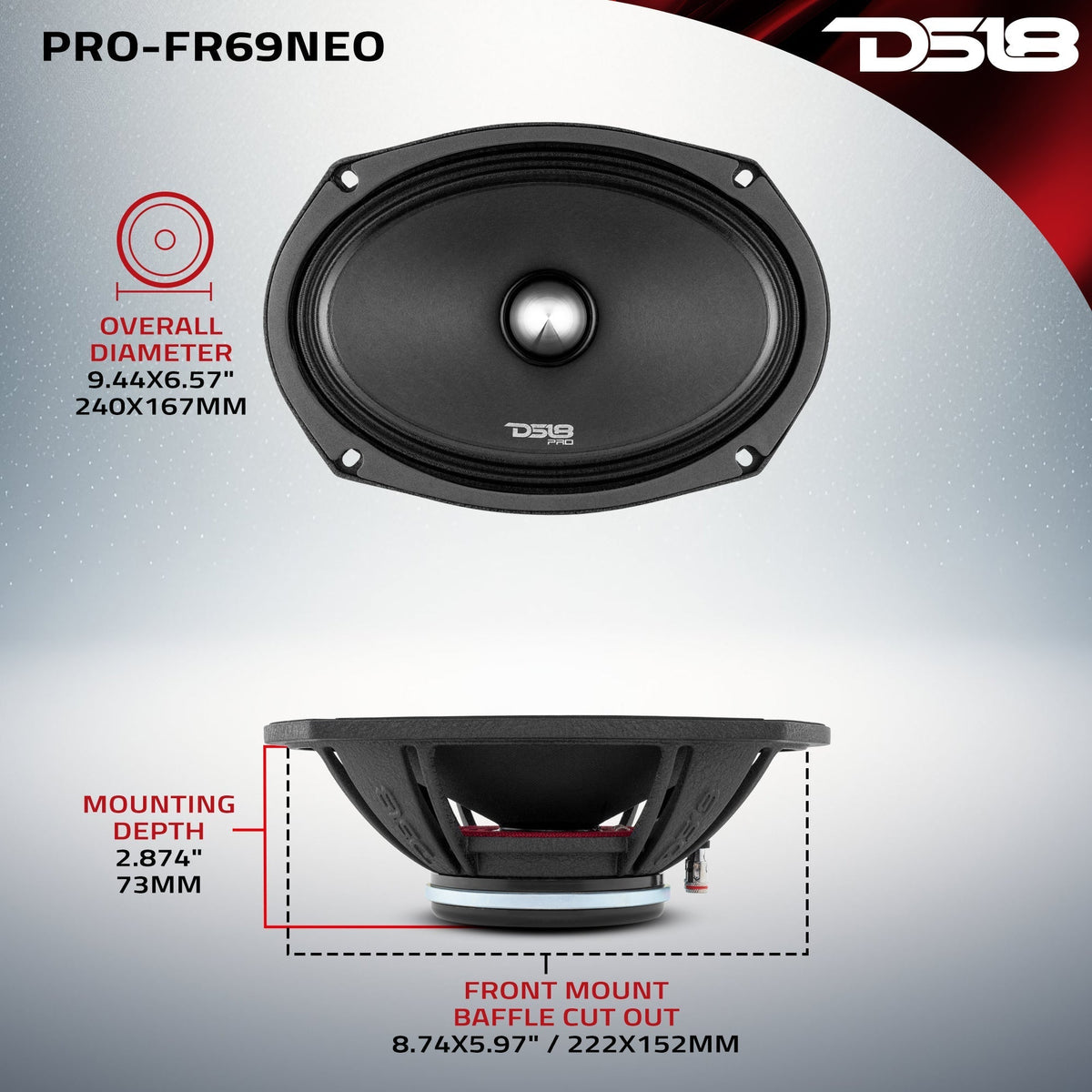 DS18 PRO-FR69NEO 6x9" 250W RMS Neodymium Bullet Midrange Speaker 4-Ohm (Single)
