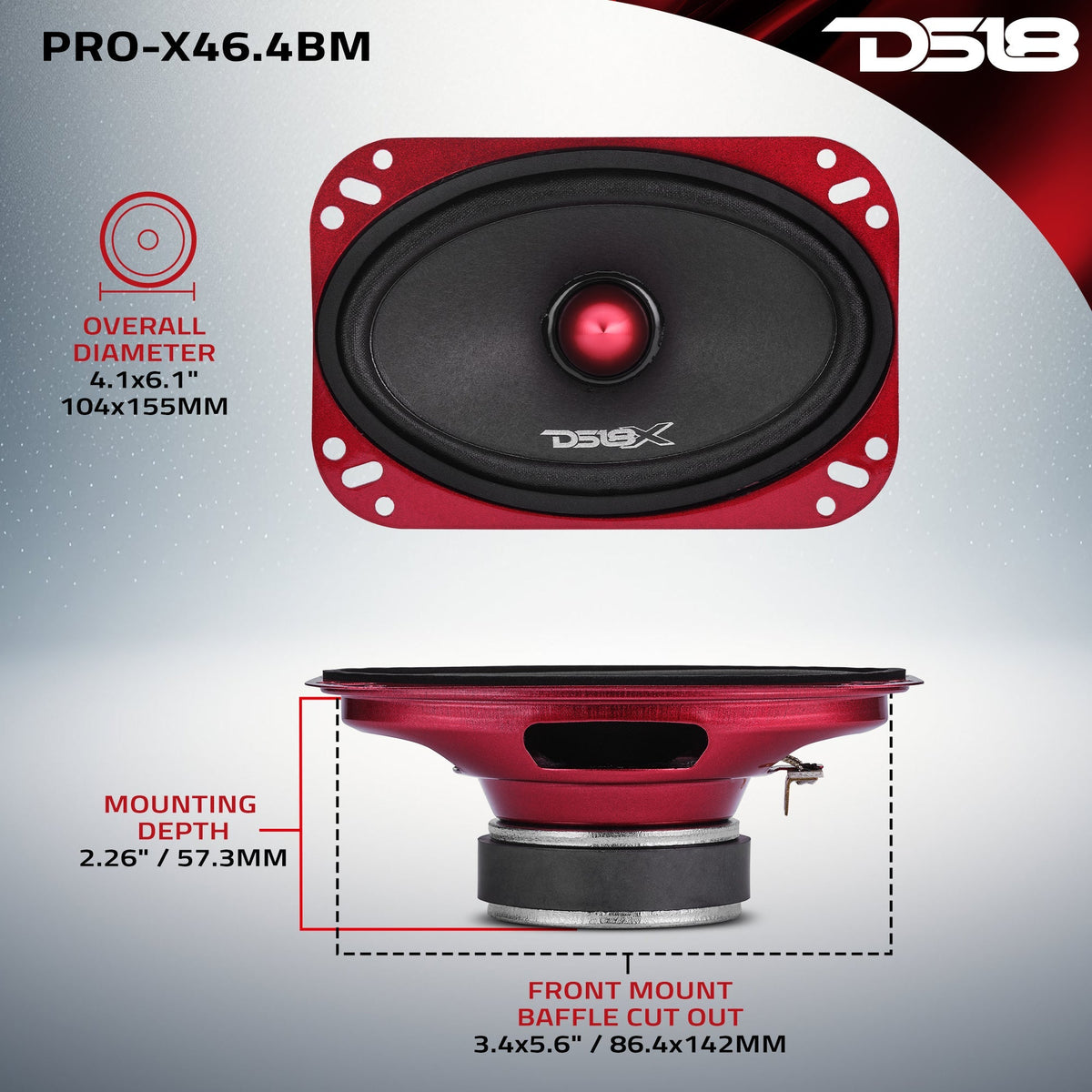 DS18 PRO-X46.4BM 4"x6" 100W RMS Midrange Speaker w/ Bullet (Single)