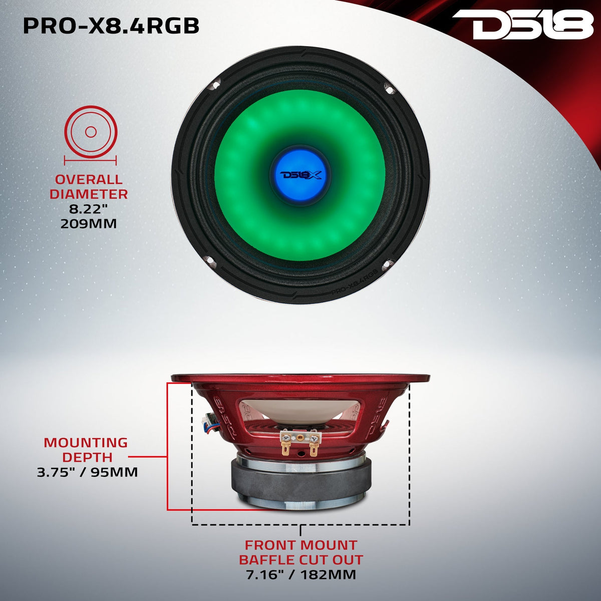 8" Mid-Range Loudspeaker with Dual RGB LED For Cone & Dust Cap 275 Watts 4-Ohm