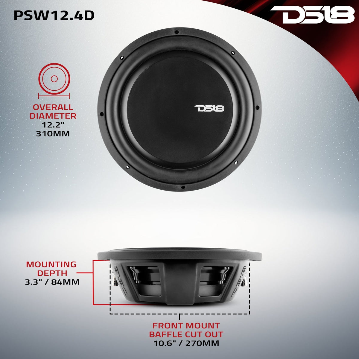 DS18 PSW12.4D - PS Shallow-Mount Water Resistant 12" Subwoofer 600 Watts Rms DVC 4-Ohm