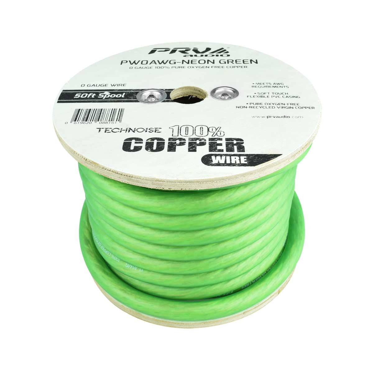 PRV PW0AWG - NEON GREEN 0 GAUGE OFC WIRE, CAR AUDIO POWER / GROUND COPPER CABLE (50 FT SPOOL)