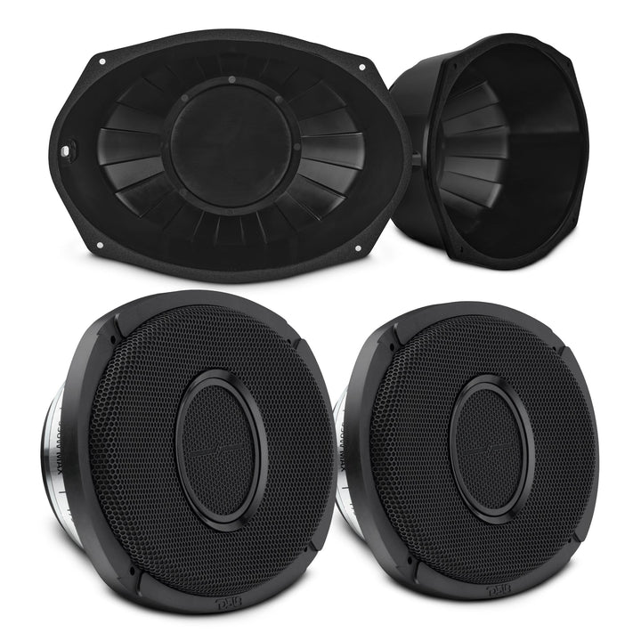 6x9” Hybrid Motorcycle Speaker Bundle – Slim 2-Way Loudspeakers + Sealed ABS Baffles (Pair) | IP65 Water-Resistant, High Output