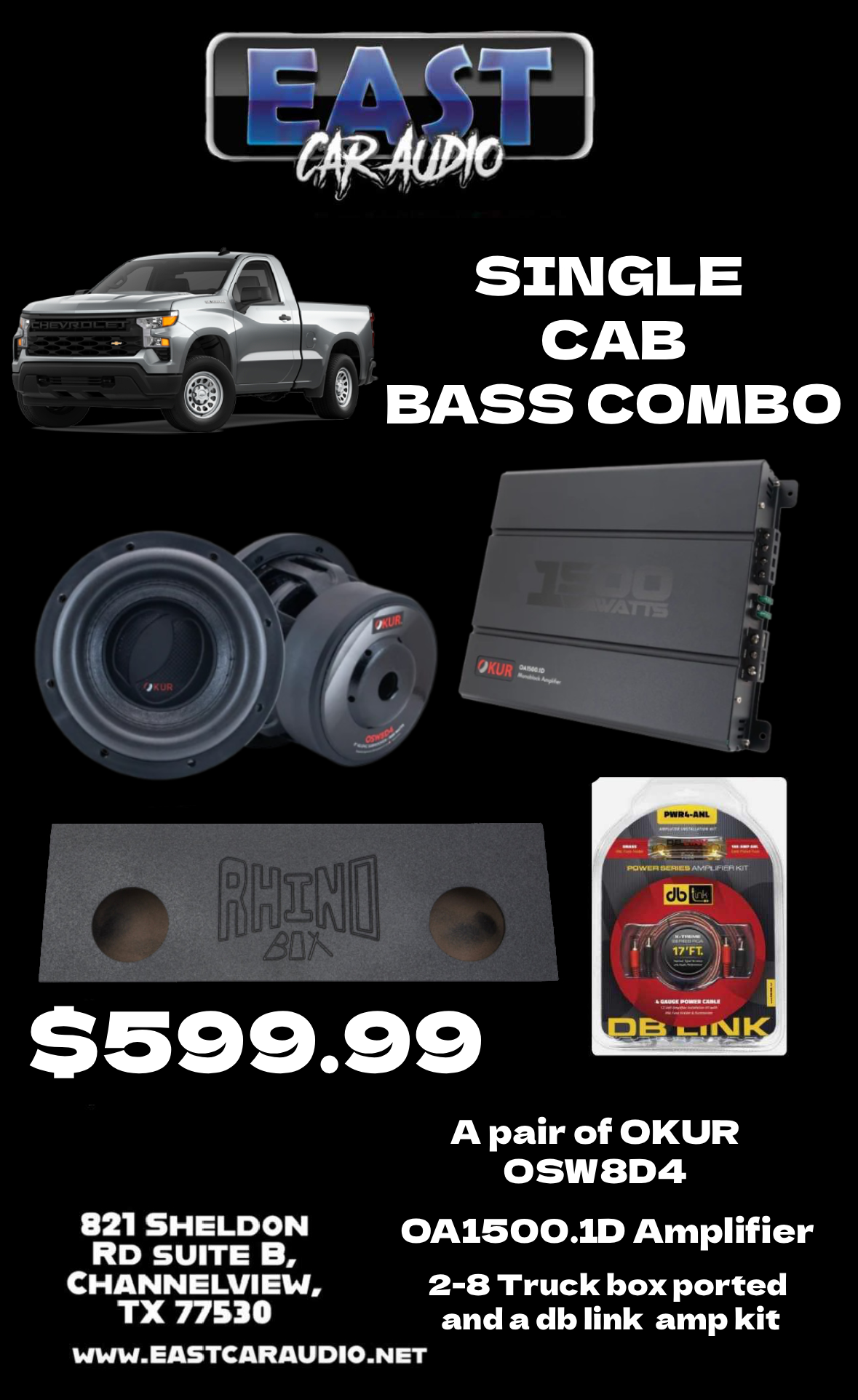 OKUR 2 x 8" Single Cab Truck Bass Combo (Black Friday) Universal 09-23 F-150, 16-23 F-250, 09-23 Ram, 99-23 Silverado Sierra