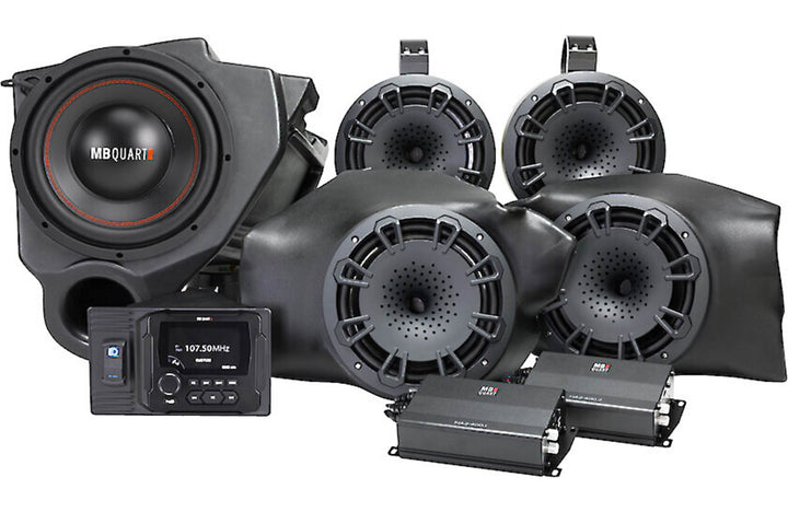 MB Quart MBQR-STG5-2 Stage 5 audio system with receiver, four 8" speakers, 2-channel amp, 10" subwoofer, and mono amp — fits select 2014-up Polaris RZR models