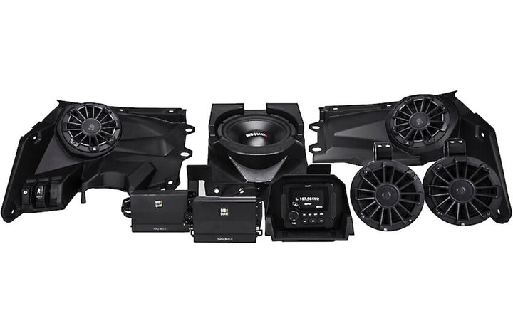 MB Quart MBQX-STG5-1 Stage 5 audio system with receiver, four 6-1/2" speakers, 4-channel amp, 10" subwoofer, and mono amp — fits select 2017-up Can-Am Maverick X3s