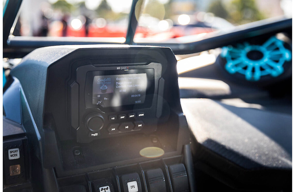 MB Quart MBQX-STG5-1 Stage 5 audio system with receiver, four 6-1/2" speakers, 4-channel amp, 10" subwoofer, and mono amp — f