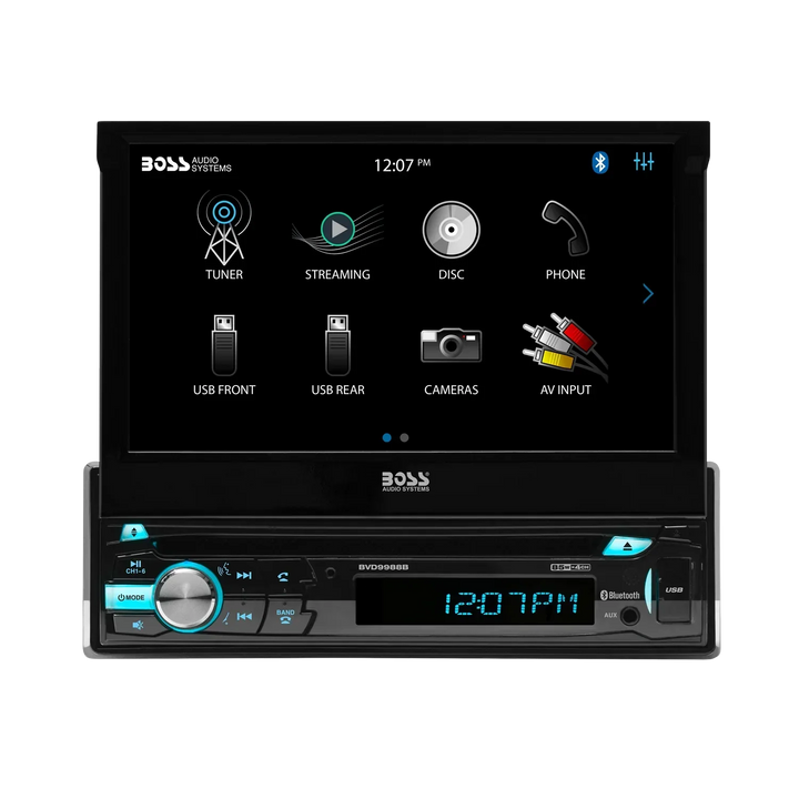 BVD9968MB Car Stereo - Single Din, 7" Touchscreen, Bluetooth, DVD Player, AM/FM, Multicolor Illumination, Wireless Remote