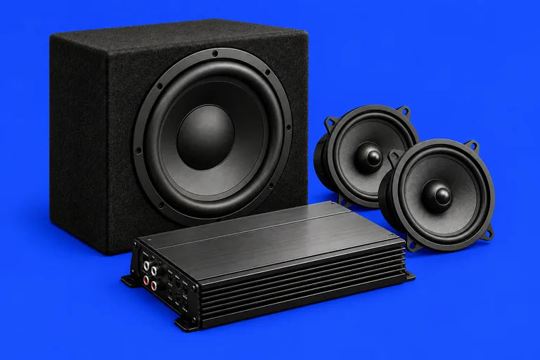 Concept studio lineup of a subwoofer, amplifier and speakers
